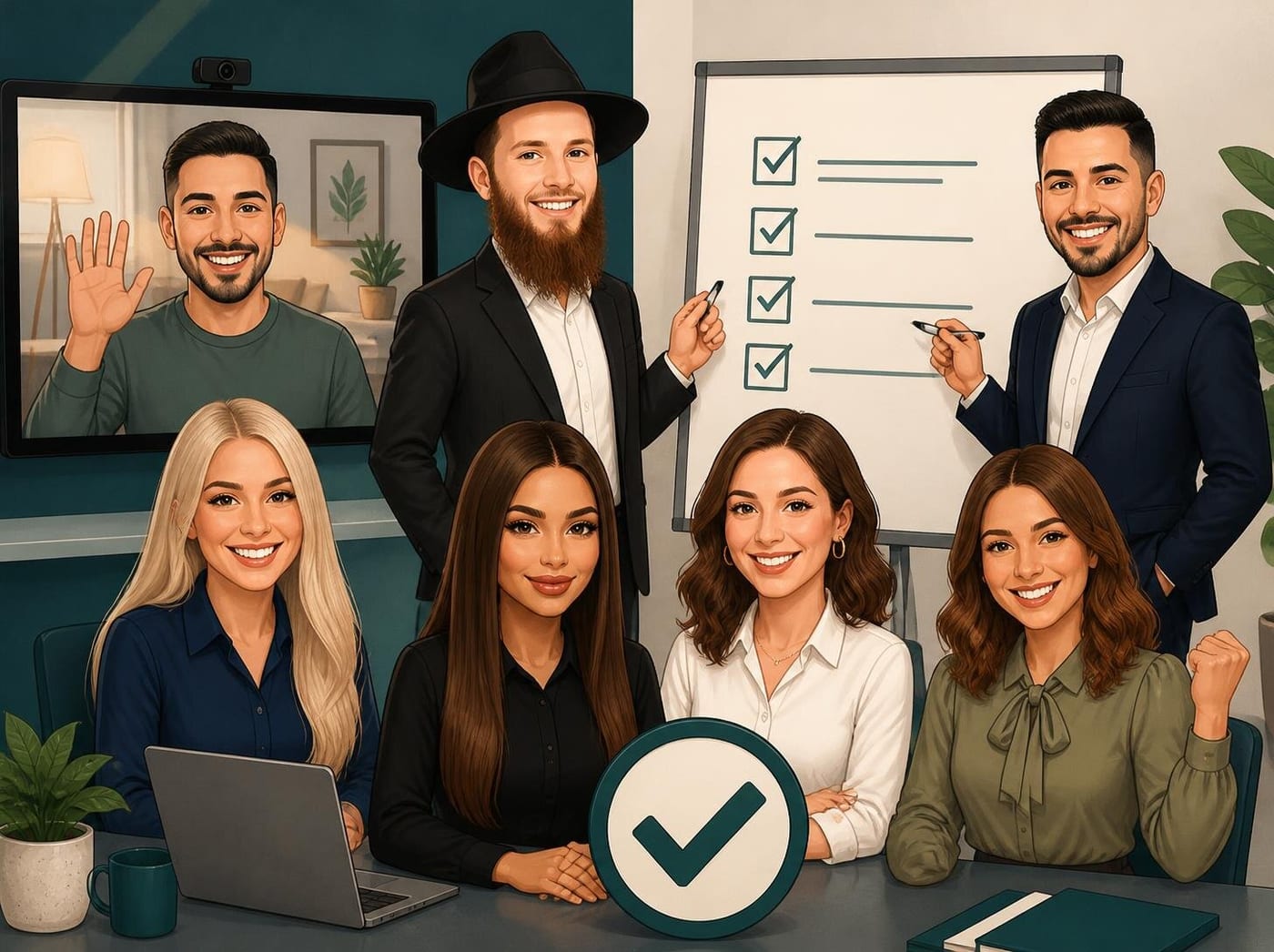 Illustration of the EnableUs team at work: a colleague joins by video call, two point to a ticked checklist and four sit smiling at the desk